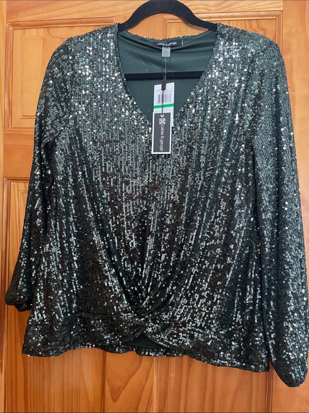 Cable & Gauge Black Sequin V-Neck Twist-Front Blouse in deep forest green